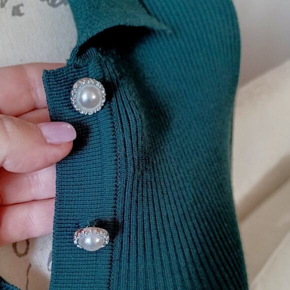 House of Harlow Ribbed Knit Collared Henley Midi Dress Evergreen S NWT - Picture 7 of 13